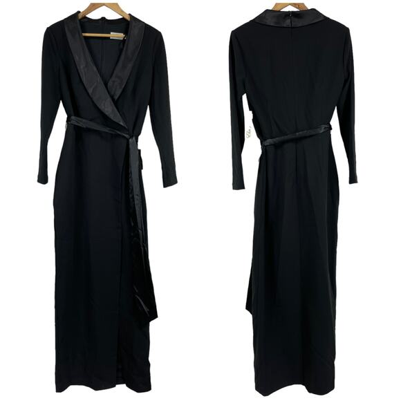 Eliza J NWT Long Sleeve Tuxedo Gown Black Size 10 Satin Lapel & Belt V-Neck - Picture 4 of 10